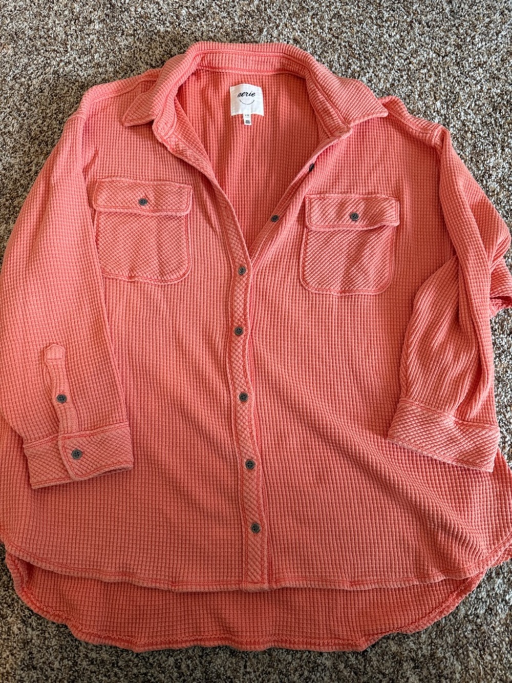 aerie Coral Waffle-Knit Button Shirt